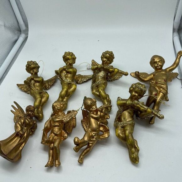 Vintage Cherub Gold Angel Ornaments Set of 8 Playing Instruments Painted Plastic - Picture 1 of 12